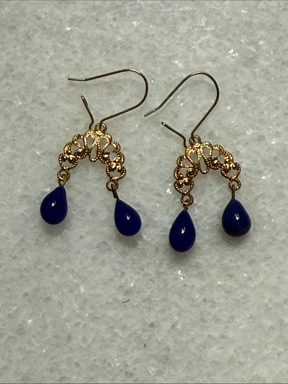 Gold Filigree Earrings with Navy Blue Teardrop Charms